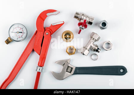 plumbing tools and equipment isolated on white Stock Photo