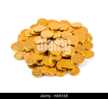 Stack of chocolate coins isolated on white background copy space group ...