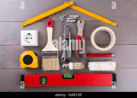 DIY construction tools on wooden background Stock Photo