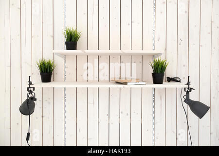 adjustable shelves on wooden plank wall Stock Photo
