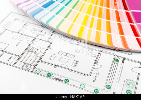 color selection - paint samples with house floor plan Stock Photo