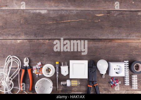 electrical tools and equipment on wooden background with copy space Stock Photo