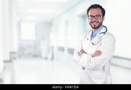 smiling doctor in hospital with copy space Stock Photo