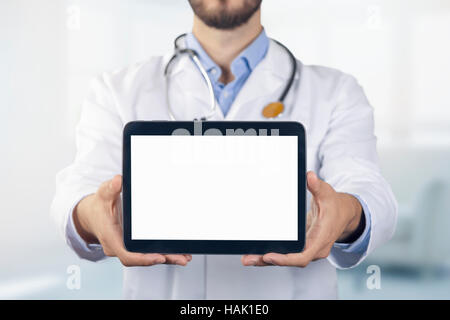 doctor showing digital tablet with blank white screen Stock Photo