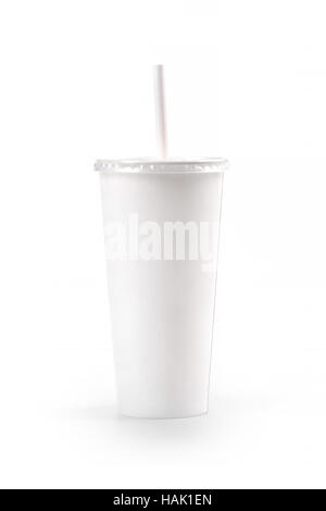 white blank paper cup with straw isolated on white background Stock Photo