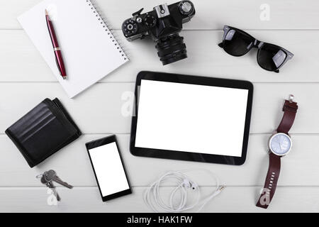 mock up with blank digital tablet, smartphone and accessories Stock Photo