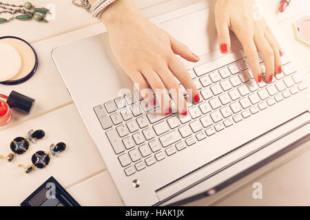 fashion woman working on laptop, writing blog Stock Photo