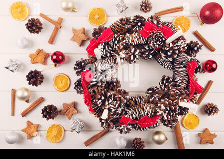 advent wreath with traditional christmas decorations and spices. top view Stock Photo