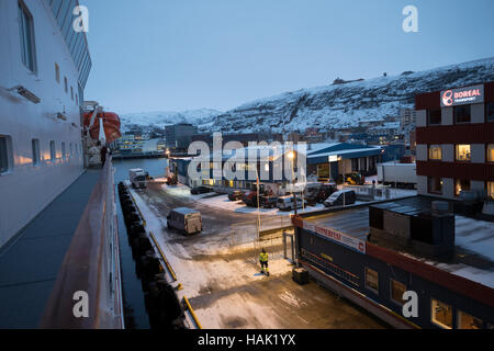 Hurtigruten docked in Hammerfest harbour, Northern Norway. Stock Photo