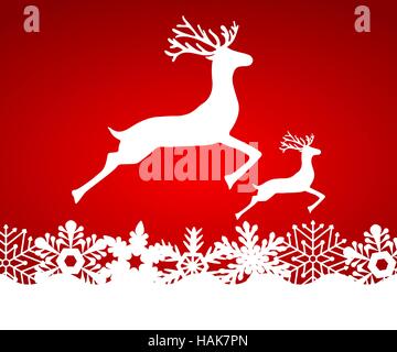 Two reindeer jump to each other on a red background with snowfla Stock Vector