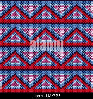 Knitted geometric background with colourful triangle ornament in red, blue, pink and magenta hues, seamless knitting vector pattern as a fabric textur Stock Vector