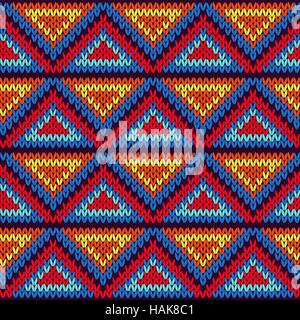 Knitted geometric background with colourful triangle ornament in red, blue, orange and yellow hues, seamless knitting vector pattern as a fabric textu Stock Vector