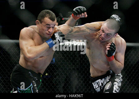 Josh Neer, right, fights Gleison Tibau at UFC 104 at the Staples Center in Los Angeles, California, on October 24, 2009. Francis Specker Stock Photo