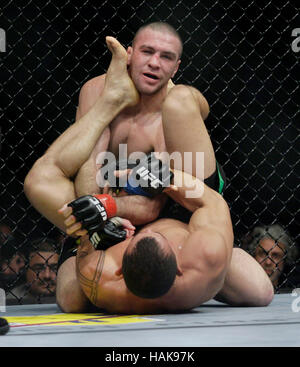 Josh Neer, top, fights Gleison Tibau at UFC 104 at the Staples Center in Los Angeles, California, on October 24, 2009. Francis Specker Stock Photo