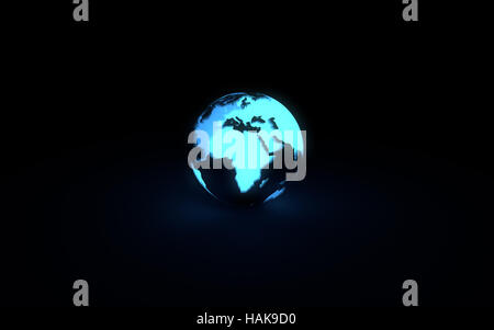 Abstract 3d model of blue glowing earth globe on black background. Front African continent Stock Photo