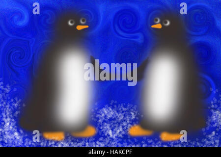 Illustration showing a pair of penguins holding hands lovingly on a snowy blue background. Stock Photo