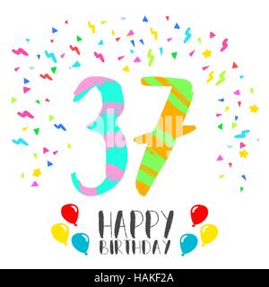 Happy birthday number 37, greeting card for thirty seven year in fun art style with party confetti. Anniversary invitation, congratulations Stock Vector