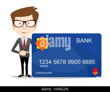 Man in suit shows plastic cards. Bank selection concept, conditions of deposits and credits. Vector, illustration, flat Stock Vector