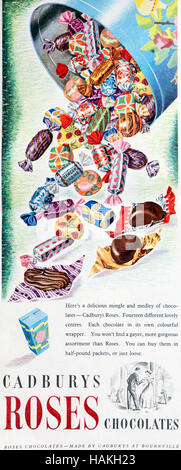 A 1950s magazine advertisement advertising Cadbury's Roses chocolates. Stock Photo