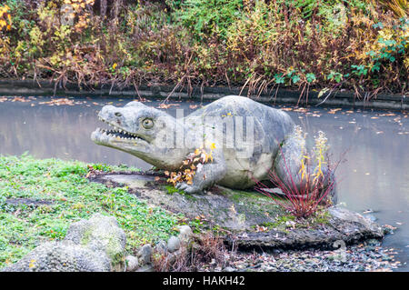 Crystal Palace dinosaurs, Labyrinthodon. Historic England announced in February 2020 the dinosaurs are to be added to its heritage at risk register. Stock Photo