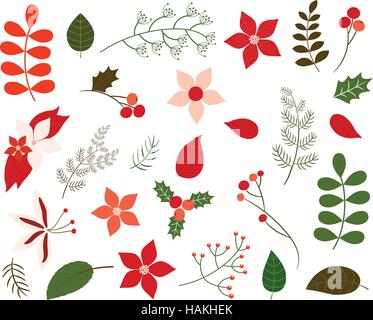 Vector set of Christmas foliage in green and red colors - leaves, winter flowers, floral elements, poinsettia in flat style for greeting cards Stock Vector