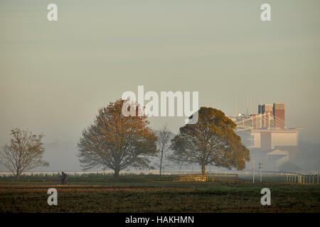 York Racecourse fog mist no horses closed  weather stand course track field Stadium stadia ground venue pitch sporting place home structure architectu Stock Photo