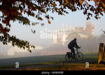 York Racecourse fog mist no horses closed  weather stand course track field Stadium stadia ground venue pitch sporting place home structure architectu Stock Photo