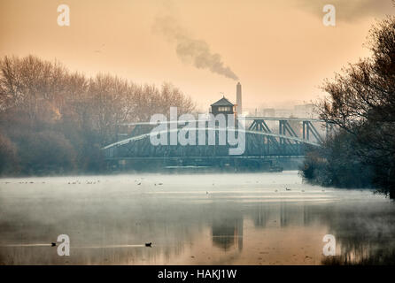 Barton Road Swing Bridge Road Bridge  Manchester Ship Canal Trafford copyspace light mist pretty landmark  picturesque scenic Barton Swing Aqueduct ca Stock Photo