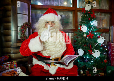 Santa in grotto christmas display   lighted christmas tree, presents,fireplace,stockings gifted wrapped reading costume good sack red in pub Santa Cla Stock Photo