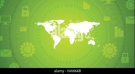 Global communication green tech abstract design. Bright technology vector background with world map, binary code and communication icons Stock Vector