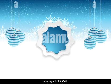 Blue white abstract Christmas background with snowflakes, fir-tree balls and label sticker. Bright vector winter design Stock Vector