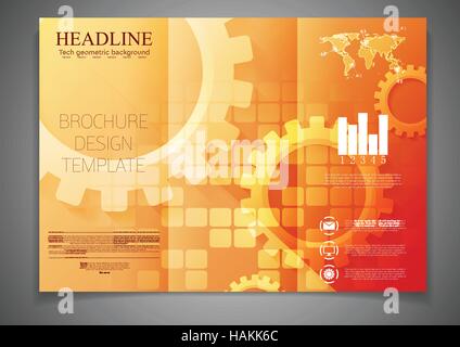 Tri-fold technology brochure design template with gears. Abstract vector tech flyer background Stock Vector
