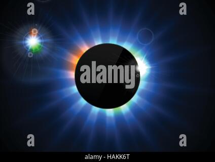 Glowing star beams abstract background with black blank circle. Shiny eclipse vector design Stock Vector