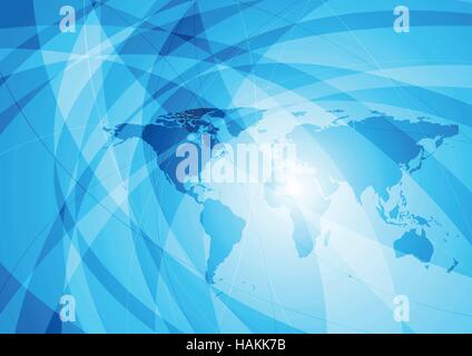 Abstract blue vector tech wavy background with earth world map Stock Vector