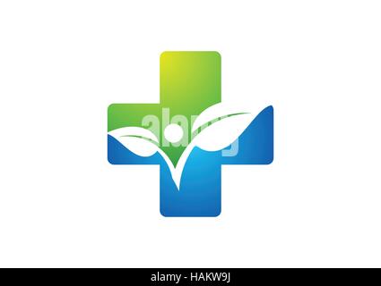 medicine health icon logo, cross plant logo icon, plus nature symbol icon, people health concept vector design Stock Vector