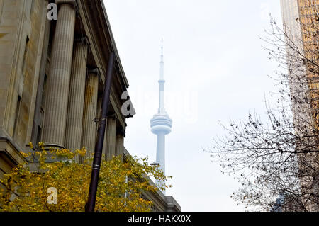 The outside of Union Station in Toronto during the day. The CN tower can be seen outside the station. Stock Photo