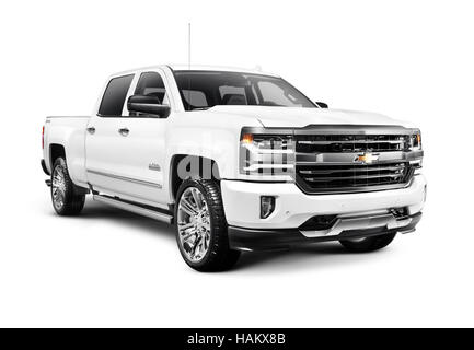License and prints at MaximImages.com - White 2017 Chevrolet Silverado 1500 Pickup Truck with High Country trim isolated on white background with clip Stock Photo