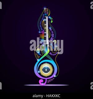 Colorful musical instruments collage. Vector concept for live, rock, jazz, blues, lounge, electronic. Stock Vector