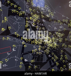 A radar screen showing all the aircraft flying over England and Wales at NATS in Swanwick, which is home to the London Area Control Centre (LACC) and London Terminal Control Centre, as airline passengers could suffer delays of up to 20 minutes on every flight unless airspace is modernised, the head of the UK's National Air Traffic Control Service (Nats) Martin Rolfe has warned. Stock Photo