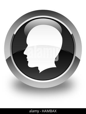 Head male face icon isolated on glossy black round button abstract illustration Stock Photo