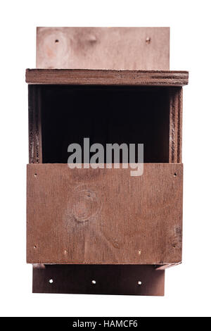 A hand made bird nesting box for a robin or Flycatcher on a white background Stock Photo