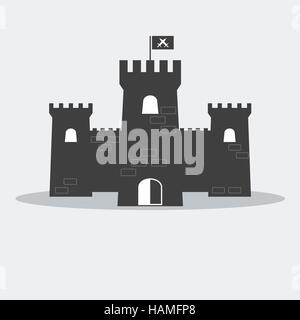 Medieval brick castle with towers and flag. Stock Vector
