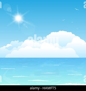 Bright and big puffy clouds lying on the blue sea. Stock Vector