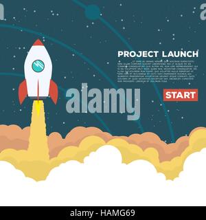 Flat style illustration. Rocket goes up in the sky with stars. Project start up concept. Stock Vector