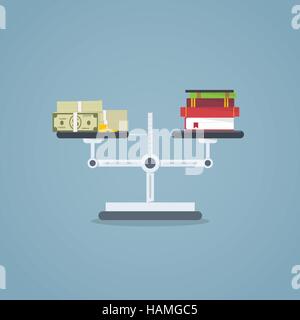 Flat style illustration with shadows. Weiger with books on one side and money on the other side. Stock Vector