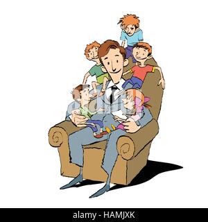 Large family, dad in a chair with children Stock Vector