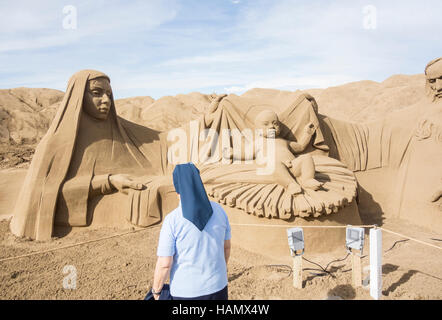 Nativity scene sand scuplture on Las Canteras beach in Las Palmas, Gran Canaria Stock Photo