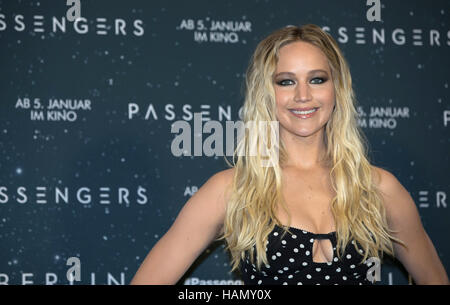 Berlin, Germany. 2nd Dec, 2016. The actress Jennifer Lawrence arrives at a photo call for the movie 'The Passengers' in Berlin, Germany, 2 December 2016. The movie opens on 5 January 2017. Photo: Jörg Carstensen/dpa/Alamy Live News Stock Photo
