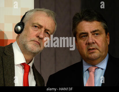Prague, Czech Republic. 02nd Dec, 2016. German Vice Chancellor, Economy Minister and Social Democrat's chairman Sigmar Gabriel (right) and Britain's Leader of the Labour party Jeremy Corbyn (left) speak during the Three-day session of Party of European Socialists (PES) in Prague, Czech Republic, December 2, 2016. © Michal Krumphanzl/CTK Photo/Alamy Live News Stock Photo