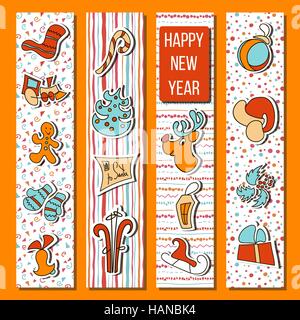 Happy New Year time set in stripes. Four boarded vertical stripes with deer, bell, toy, gingerbread, candy cane, fir, socks, lantern. For greetings po Stock Vector